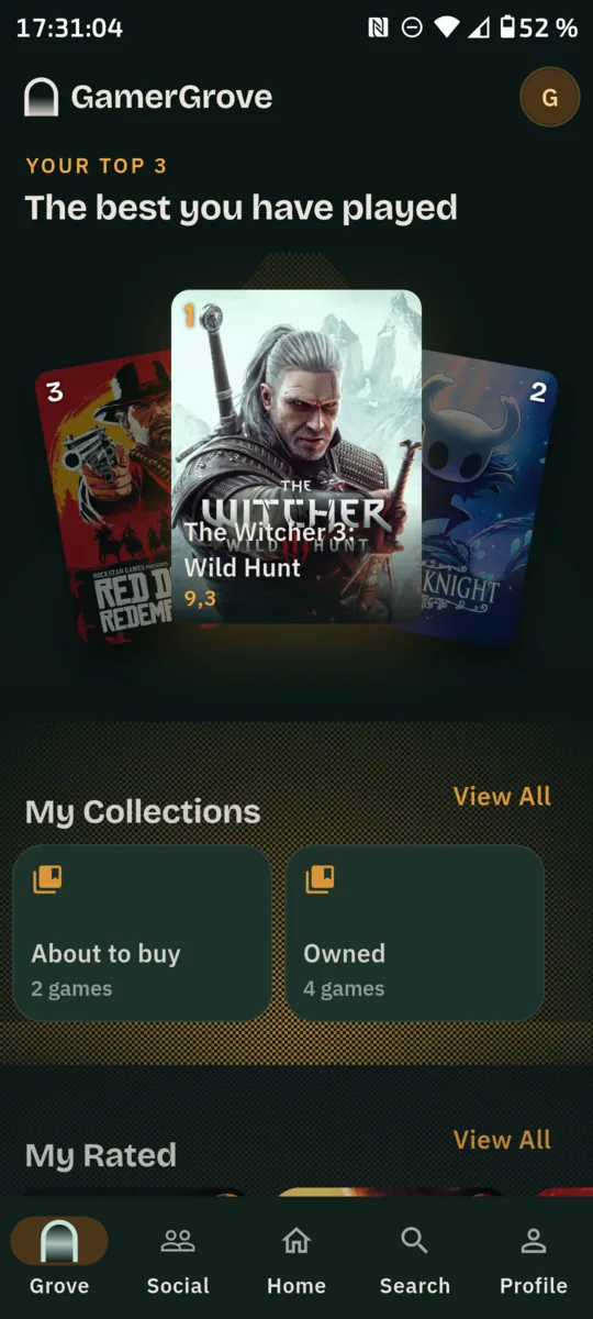 The GamerGrove home screen showing a top three of games
