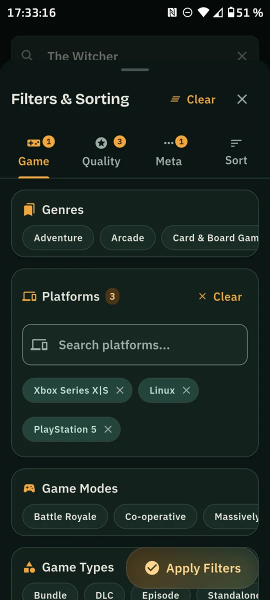 The filter sheet in the app with genres, platforms and game modes