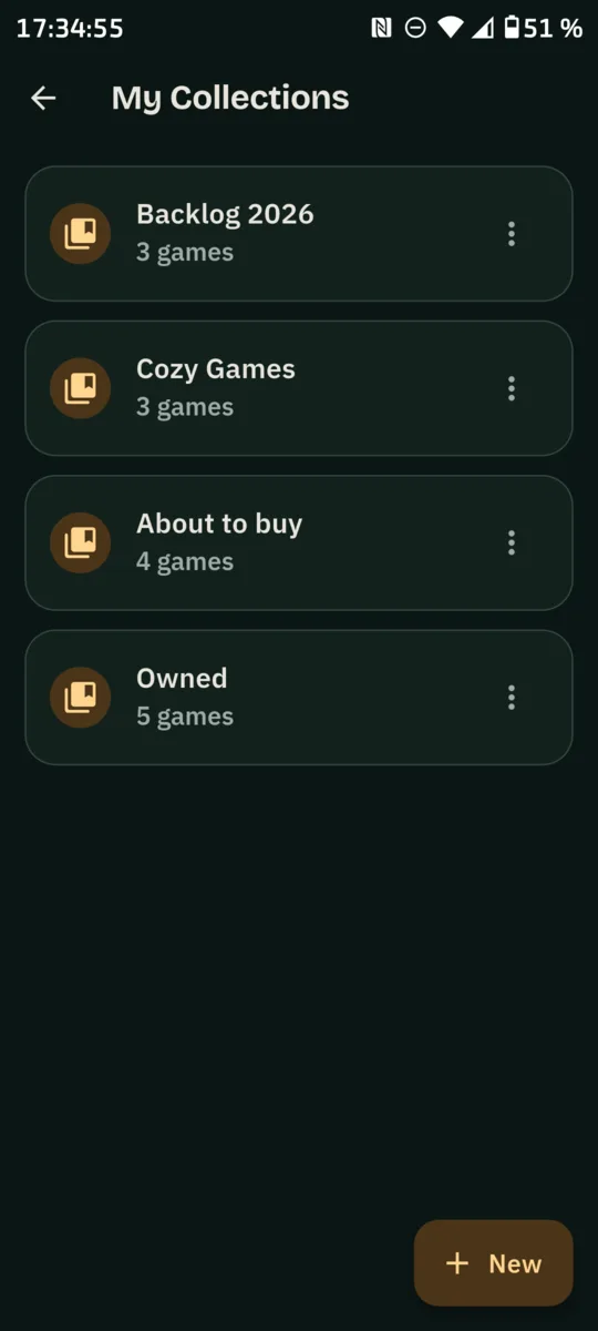 A list of collections in the app: Backlog 2026, Cozy Games, About to buy, Owned